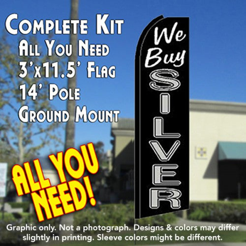 We Buy Silver (Black)  Windless Advertising Feather Flag Kit  (Flag, Pole, & Ground Spike) 14 Feet Outdoor Flags