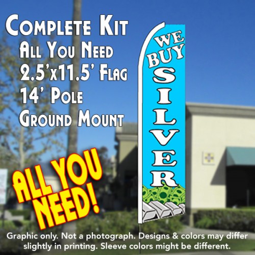 We Buy Silver (Blue)  Windless Advertising Feather Flag Kit  (Flag, Pole, & Ground Spike) 14 Feet Outdoor Flags