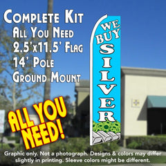 We Buy Silver (Blue)  Windless Advertising Feather Flag Kit  (Flag, Pole, & Ground Spike) 14 Feet Outdoor Flags