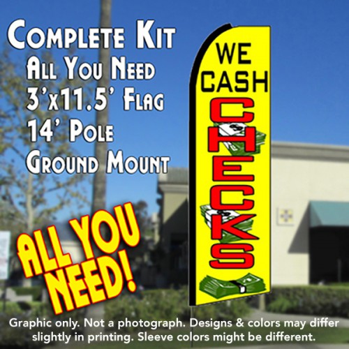 We Cash Checks (Yellow)  Windless Advertising Feather Flag Kit  (Flag, Pole, & Ground Spike) 14 Feet Outdoor Flags