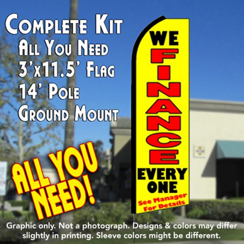 We Finance Everyone (Yellow)  Windless Advertising Feather Flag Kit  (Flag, Pole, & Ground Spike) 14 Feet Outdoor Flags