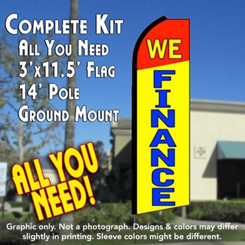 We Finance (Red/Yellow)  Windless Advertising Feather Flag Kit  (Flag, Pole, & Ground Spike) 14 Feet Outdoor Flags