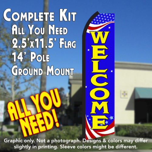 Welcome (Patriotic)  Windless Advertising Feather Flag Kit  (Flag, Pole, & Ground Spike) 14 Feet Outdoor Flags
