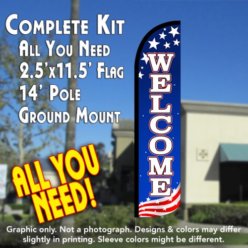 Welcome (Patriotic White)  Windless Advertising Feather Flag Kit  (Flag, Pole, & Ground Spike) 14 Feet Outdoor Flags