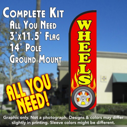 Wheels (Red)  Windless Advertising Feather Flag Kit  (Flag, Pole, & Ground Spike) 14 Feet Outdoor Flags