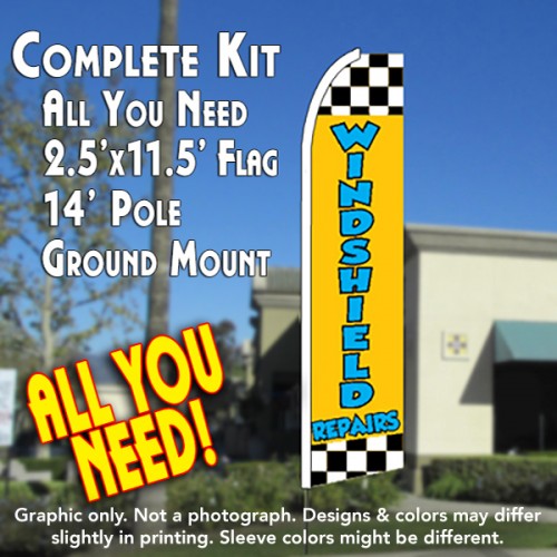 Windshield Repair (Checkered)  Windless Advertising Feather Flag Kit  (Flag, Pole, & Ground Spike) 14 Feet Outdoor Flags