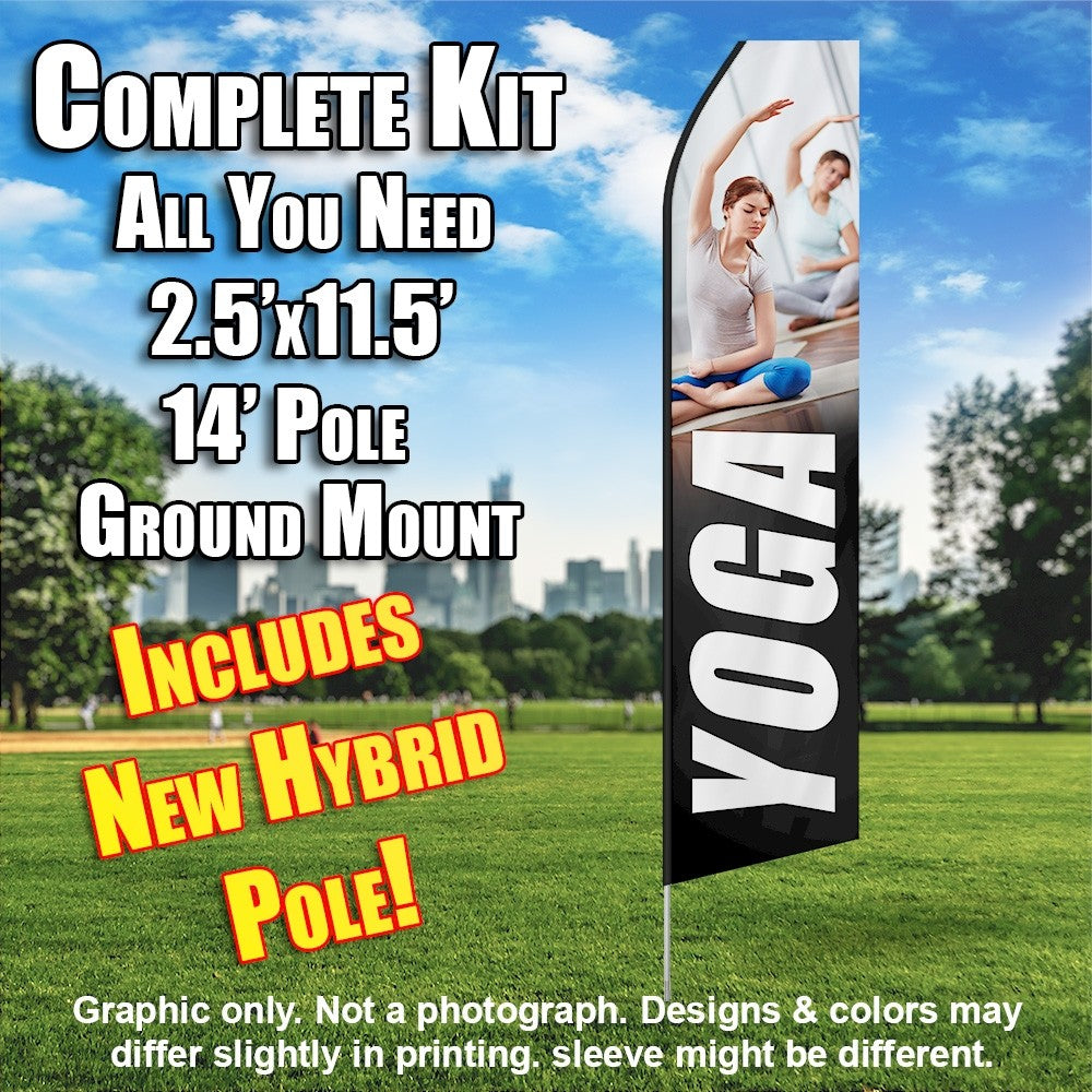 Yoga (People Stretching/White Letters)  Windless Advertising Feather Flag Kit  (Flag, Pole, & Ground Spike) 14 Feet Outdoor Flags