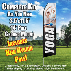 Yoga (People Stretching/White Letters)  Windless Advertising Feather Flag Kit  (Flag, Pole, & Ground Spike) 14 Feet Outdoor Flags