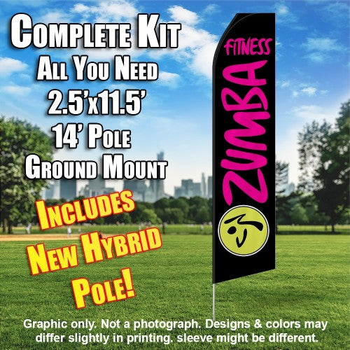 Zumba Fitness Black And Hot Pink  Windless Advertising Feather Flag Kit  (Flag, Pole, & Ground Spike) 14 Feet Outdoor Flags