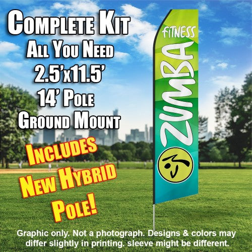 Zumba Fitness Light Green And White  Windless Advertising Feather Flag Kit  (Flag, Pole, & Ground Spike) 14 Feet Outdoor Flags