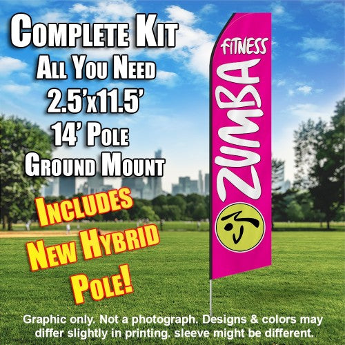 Zumba Fitness Hot Pink And White  Windless Advertising Feather Flag Kit  (Flag, Pole, & Ground Spike) 14 Feet Outdoor Flags