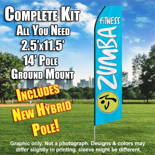 Zumba Fitness Light Blue And White  Windless Advertising Feather Flag Kit  (Flag, Pole, & Ground Spike) 14 Feet Outdoor Flags