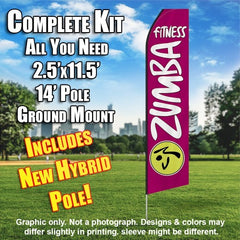 Zumba Fitness Magenta And White  Windless Advertising Feather Flag Kit  (Flag, Pole, & Ground Spike) 14 Feet Outdoor Flags