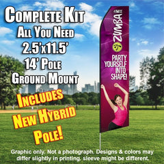 Zumba Fitness Party Yourself Into Shape  Windless Advertising Feather Flag Kit  (Flag, Pole, & Ground Spike) 14 Feet Outdoor Flags