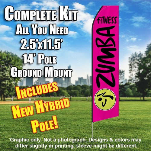 Zumba Fitness Hot Pink And Black  Windless Advertising Feather Flag Kit  (Flag, Pole, & Ground Spike) 14 Feet Outdoor Flags