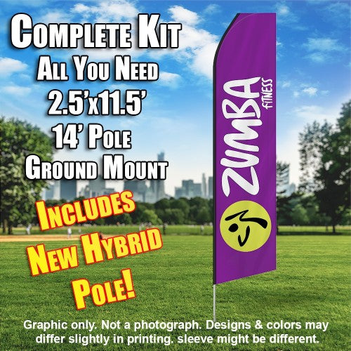 Zumba Fitness  Windless Advertising Feather Flag Kit  (Flag, Pole, & Ground Spike) 14 Feet Outdoor Flags