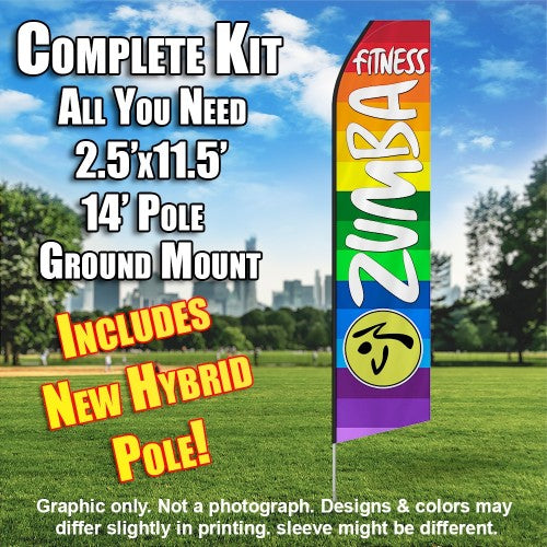 Zumba Fitness Rainbow Colored And White  Windless Advertising Feather Flag Kit  (Flag, Pole, & Ground Spike) 14 Feet Outdoor Flags