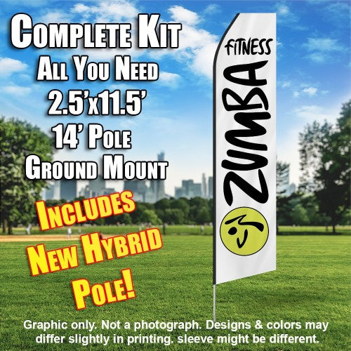 Zumba Fitness White And Black  Windless Advertising Feather Flag Kit  (Flag, Pole, & Ground Spike) 14 Feet Outdoor Flags