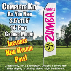 Zumba Fitness White And Hot Pink  Windless Advertising Feather Flag Kit  (Flag, Pole, & Ground Spike) 14 Feet Outdoor Flags
