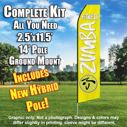 Zumba Fitness Yellow And White  Windless Advertising Feather Flag Kit  (Flag, Pole, & Ground Spike) 14 Feet Outdoor Flags