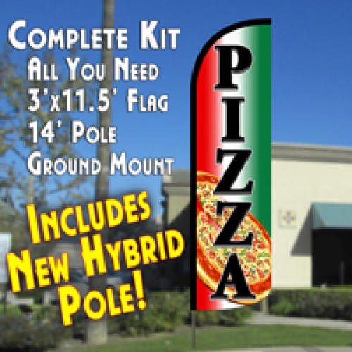 Pizza (Tri-Color/Black)  Windless Advertising Feather Flag Kit  (Flag, Pole, & Ground Spike) 14 Feet Outdoor Flags